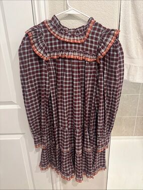 Plaid Ruffle Collar Dress - Burgundy & Light Blue
